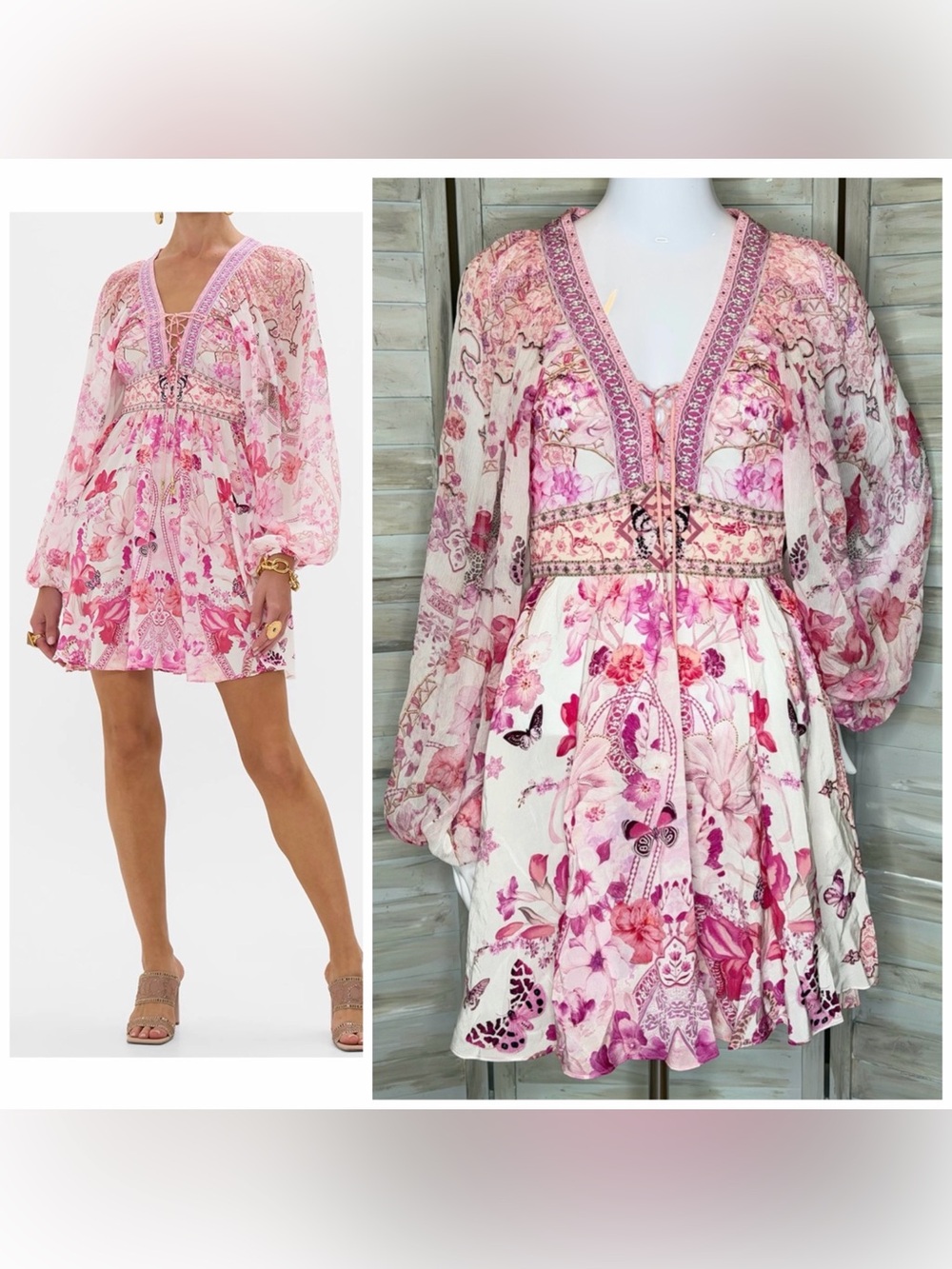 Camilla Botanical Novella Mini Pink Floral Silk Dress Lace Up Front XS NEW